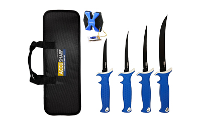 AccuSharp 6-piece fillet knife kit showing four blue-handled fillet knives, nylon case and 2-step sharpener