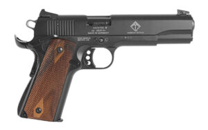 GSG M1911 .22 LR 5-inch pistol with walnut double-diamond grips and zinc-alloy frame