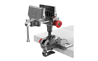 Real Avid Armorer's Master Vise bench gun vise in gray/red with TORQ-LOK and reversible jaw sleeves