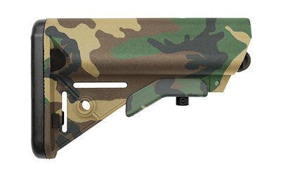 B5 Systems SOP1188 Enhanced SOPMOD Woodland Camo stock for AR-15 showing QD sling mounts and storage compartments