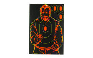 Birchwood Casey Shoot-N-C 12x18 Bad Guy Silhouette target 5-pack showing chartreuse impact rings