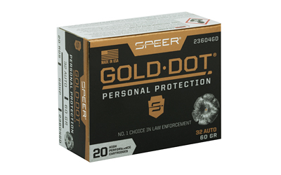 Speer Gold Dot 32 ACP 60 grain hollow point ammunition 20rd box