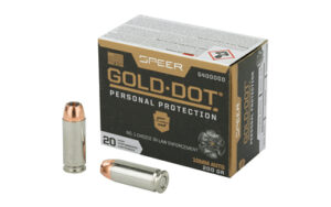 Speer Gold Dot 10mm 200gr hollow point ammunition box and rounds, 20 per box