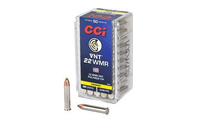 CCI 22 WMR 30 gr VNT varmint tipped rimfire ammunition box, 50 rounds