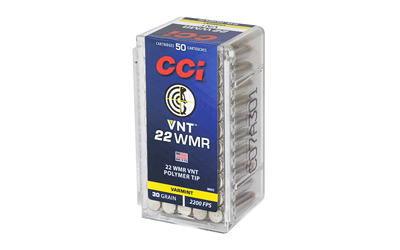 CCI 22 WMR 30 gr VNT varmint tipped rimfire ammunition box, 50 rounds