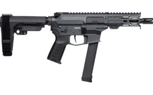 CMMG Banshee MkGs 9mm 5" pistol in tungsten Cerakote with RipBrace and 33-round magazine
