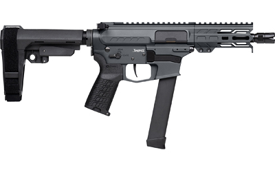 CMMG Banshee MkGs 9mm 5" pistol in tungsten Cerakote with RipBrace and 33-round magazine