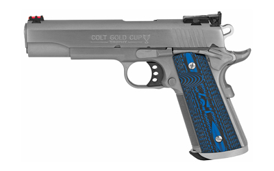 Colt Gold Cup Trophy .38 Super 5-inch stainless pistol with blue G10 grips and fiber-optic front sight