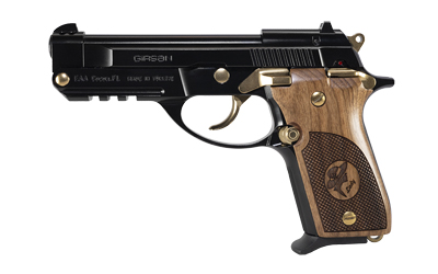 EAA Girsan MC14T Lady Tip-Up .380 ACP pistol in gloss black with gold controls and wood-style grips