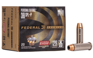 Federal Premium Hydra-Shok .38 Special +P 129 gr JHP ammunition box and cartridges