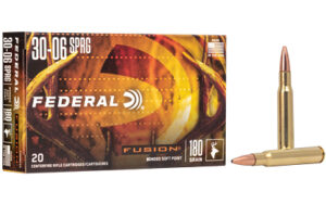Box of Federal Fusion .30-06 Springfield 180 gr bonded soft point rifle ammunition, 20 rounds