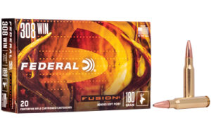 Box of Federal Fusion .308 Win 180 gr jacketed soft point rifle ammunition, 20 rounds per box