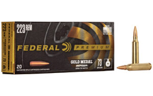 Federal Gold Medal Berger .223 Rem 73 gr BTHP ammunition box and cartridges