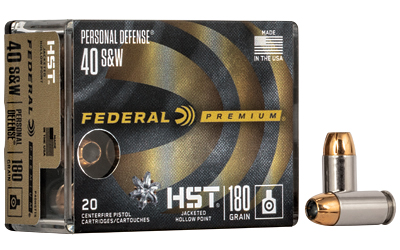 Box of Federal Premium HST .40 S&W 180 grain jacketed hollow point ammunition displayed from front angle
