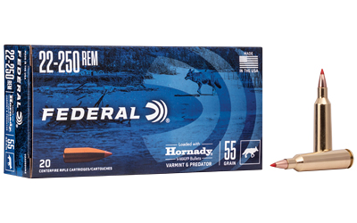 Box of Federal Varmint & Predator .22-250 Rem 55 gr Hornady V-MAX ammunition, 20 rounds