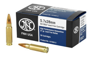 Box of FN SS195LF 5.7x28mm 27 gr lead-free jacketed hollow point ammunition, 50 rounds