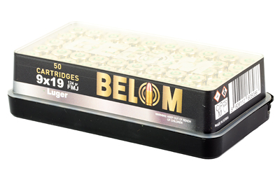 Belom 9mm 124Gr FMJ brass handgun ammunition 50-round box