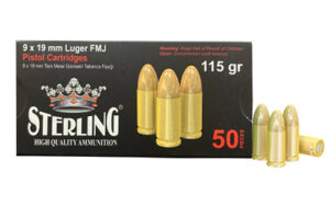 Sterling 9mm 115gr FMJ brass handgun ammunition box, 50 rounds