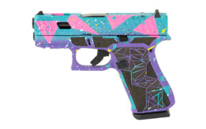 Glock 43X 9mm subcompact pistol with Purple/Cyan/Pink 80's Day Cerakote finish