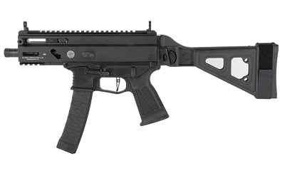 Grand Power Stribog SP9A3S 9mm pistol in matte black with SB Tactical folding brace