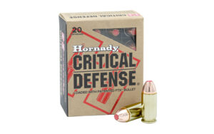 Hornady Critical Defense .45 ACP +P 185 gr FTX ammunition box and rounds