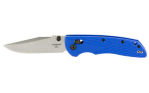 Hogue Deka 3.25 in clip point folding knife with blue textured polymer handle and stonewashed blade