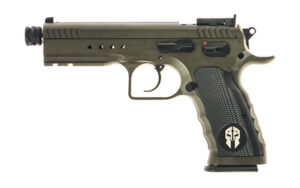 Tanfoglio Defiant Tactical Pro 9mm pistol, threaded barrel, optic-ready ported slide, green steel frame