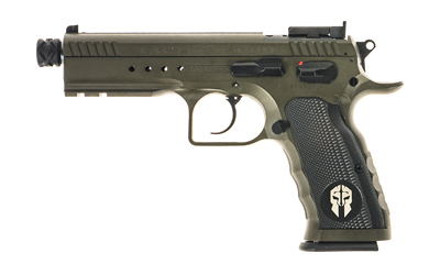 Tanfoglio Defiant Tactical Pro 9mm pistol, threaded barrel, optic-ready ported slide, green steel frame
