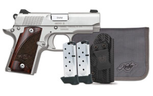 Kimber Micro 9 stainless pistol with rosewood grips, satin slide, holster and two 7-round magazines