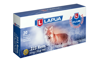 Lapua 223 Rem 55gr FMJ ammunition box with 20 rounds