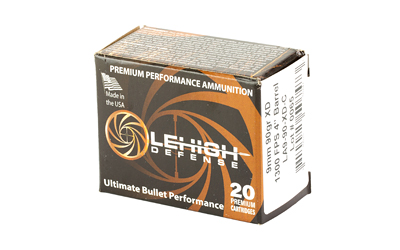 Lehigh Defense Xtreme Defense 9mm 90gr ammunition box and cartridge, 20-count