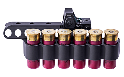 Mesa Tactical SureShell black side saddle with integrated RMR mount for Benelli M4, holds six 12GA shells