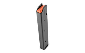 DURAMAG 32-round Colt-pattern 9mm AR-15 magazine, black stainless steel, orange follower