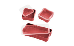 Magpul DAKA red storage bins with transparent lids and reinforced snap tabs