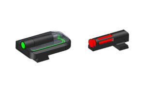 HiViz FastDot H3 tritium/fiber-optic pistol sights with black steel frame, red front, green rear — fits Springfield Hellcat P