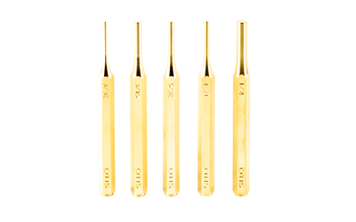 Otis PRO+ 5-piece brass punch set with five 4-inch pin punches in sizes 3/32 to 1/4 inch