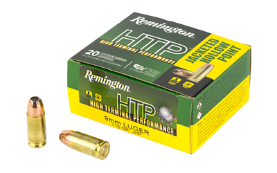 Remington HTP 9mm Luger 115gr Jacketed Hollow Point ammunition box and cartridges