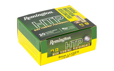 Remington HTP 9mm Luger 115gr Jacketed Hollow Point ammunition box and cartridges