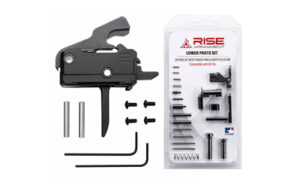Rise Armament RAVE flat trigger with lower parts kit in black, includes anti-walk pins