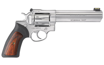 Ruger GP100 .357 Magnum 6-inch satin stainless revolver with rubber and hardwood-insert grips