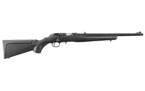 Ruger American Rimfire Compact .22 LR rifle with 18-inch threaded barrel and black synthetic stock