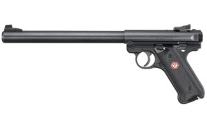 Ruger Mark IV Target .22 LR 10-inch blued pistol with synthetic checkered grip