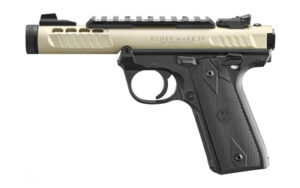Ruger Mark IV 22/45 Lite pistol, champagne slide, black polymer frame, 4.4-inch threaded barrel