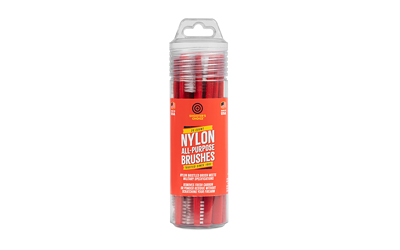 Shooters Choice 20-pack nylon double-ended receiver brushes with red handles in a screw-top canister