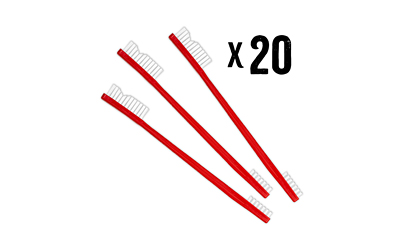 Shooters Choice 20-pack nylon double-ended receiver brushes with red handles in a screw-top canister
