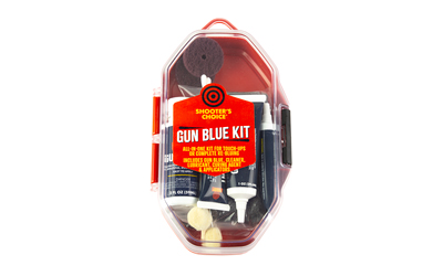 Shooters Choice Gun Bluing Kit components including bottles, applicators, microfiber cloth, steel wool and scour pads
