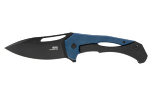SOG Bulwark FLK folding knife with blue Micarta handle and black PVD D2 blade
