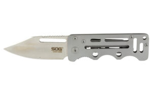SOG Cash Card folding knife with 2.75" satin clip point blade and silver skeletonized handle
