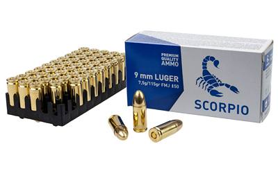 STV Technology Scorpio 9mm 115gr FMJ ammunition box, 50 rounds