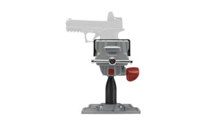 Tipton Best Gun Vise 360 gray and red showing non-marring jaw pads and mounting base on a workbench